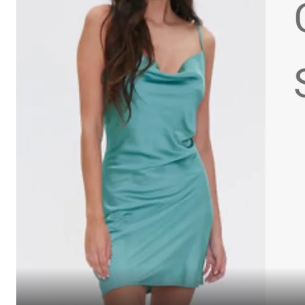 Forever 21 turquoise satin cowl neck spaghetti strap mini slip dress size small